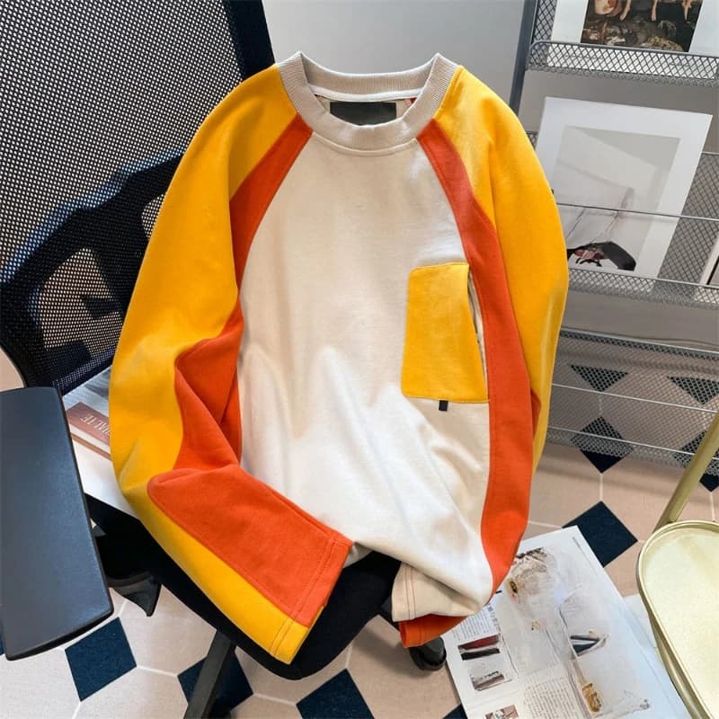 EBAIHUI Splicing Contrasting Men's Long Sleeved T-shirt Japanese Style Personalized  Male Tee Spring Autumn Casual Versatile Top