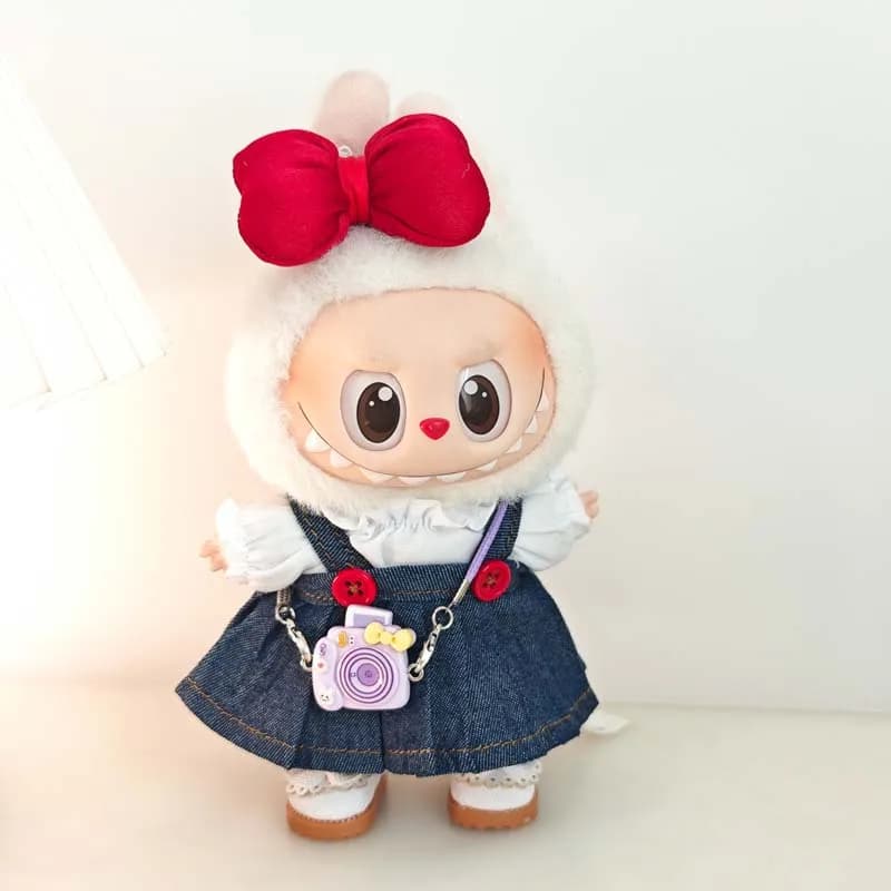 Labubu Outfit Clothes Dress with Red Bow & Denim Straps - Baby Doll Clothes for 17cm Labubu Dolls Accessories DIY Toys