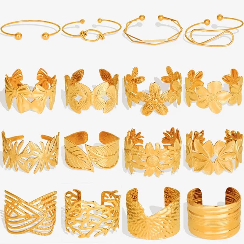 Gold Color Different Open Bangle Flower Branches Butterfly Leaf Stainless Steel Bracelets Bangles For Women Men Indian Jewelry