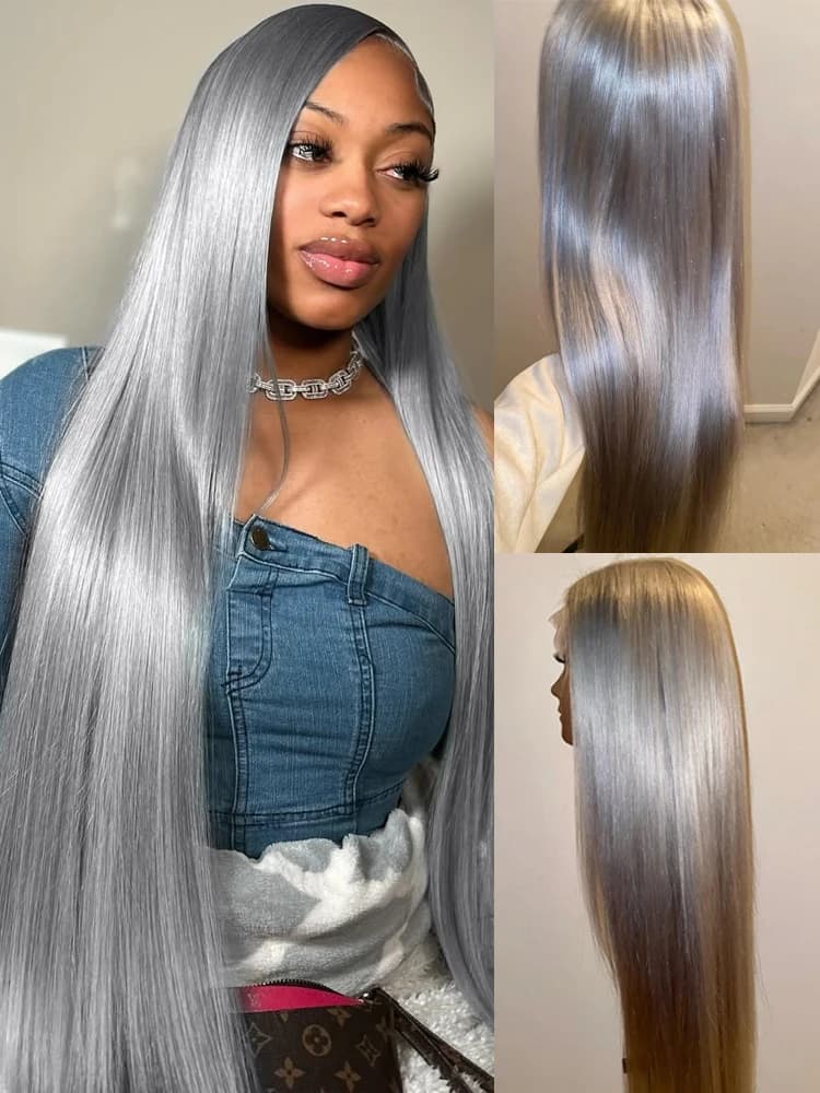 Silver Grey Straight Wigs Human Hair Vietnamese 220% Density 13x6 HD Lace Frontal Colored Wig 38 Pre Plucked With Baby Hairline