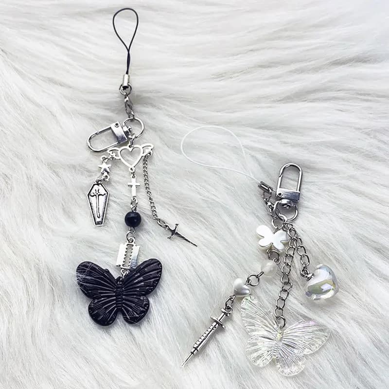 Y2k Black White Butterfly Telephone Chain Lanyard Cool Sweet Women Girl Mobile Phone Chain Metal Acrylic Anti-Lost Phone Strap