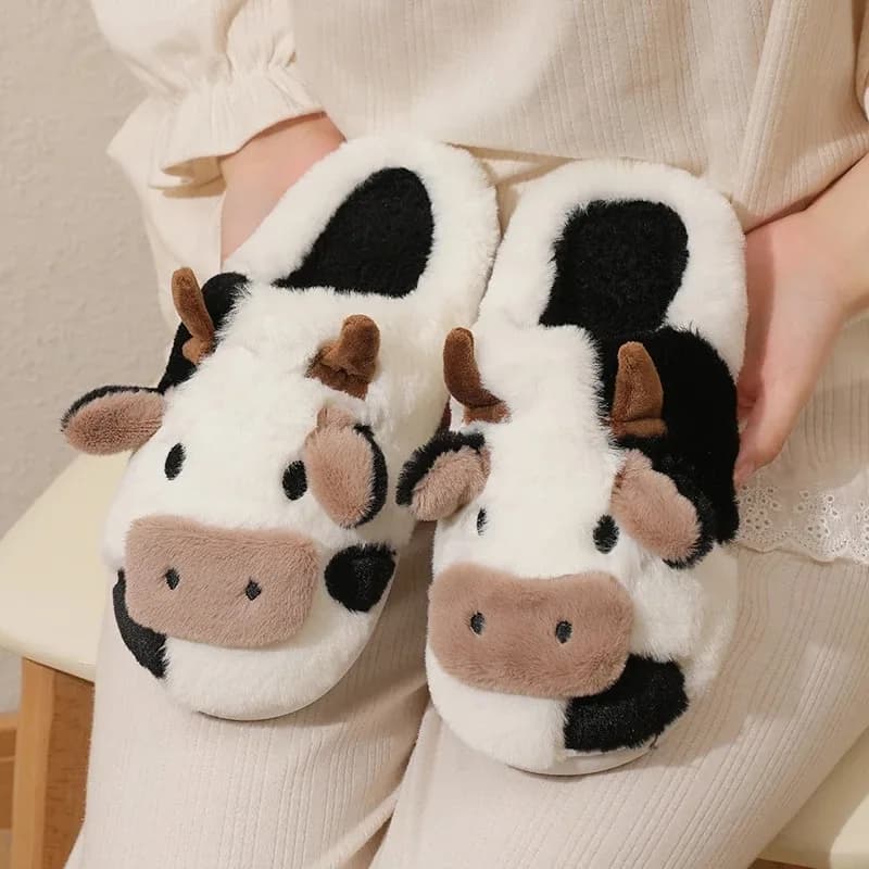Winter Unisex Cartoon Cow Warm Plush Slippers Couple's Indoor Non-slip House Slides Men And Women Toe Wrap Home Cotton Shoes