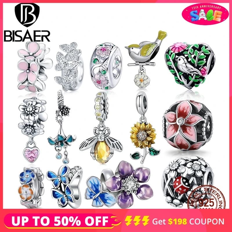 BISAER 925 Sterling Silver Flower Bird Series Charm Bee Bead Sunflower Garden Pendant For Women Bracelets DIY Fine Jewelry Gift