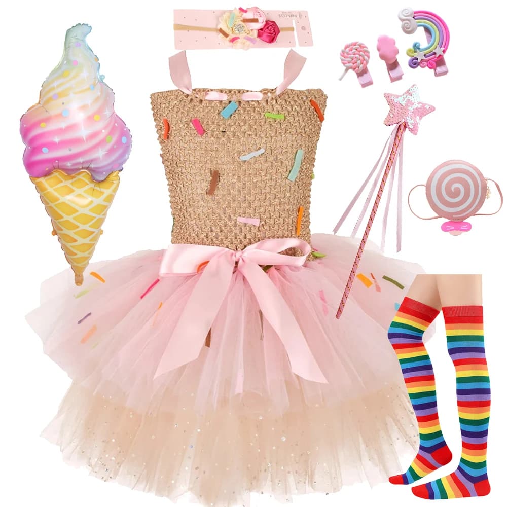 Sweet Ice Cream Candy-Themed Girls Dress for Kids Birthday Carnival Party Rainbow Tutu Children's Costume Wedding Outfits