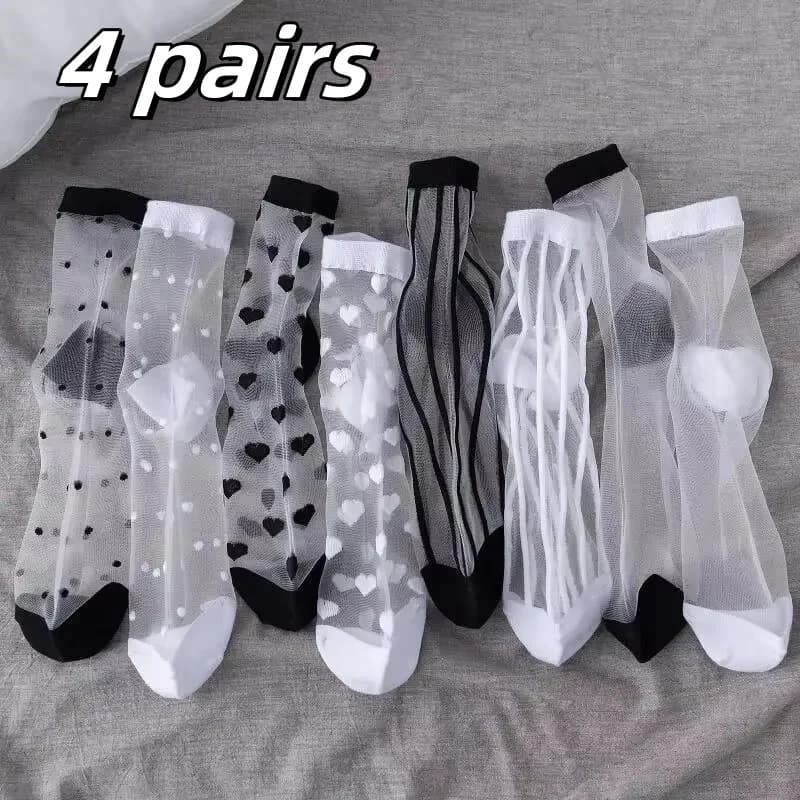 4 Pairs New WOMEN'S Socks Fashion Tulle Mesh Glass Stockings Ultra-thin Transparent Crystal Lace Elastic Summer Ankle Socks