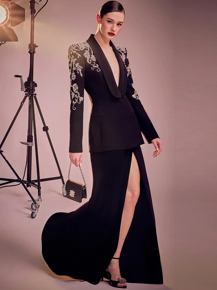 HIGH STREET Newest Fashion 2024 Women's Diamonds Rhinestone Beaded Blazer Mermaid Long Skirt