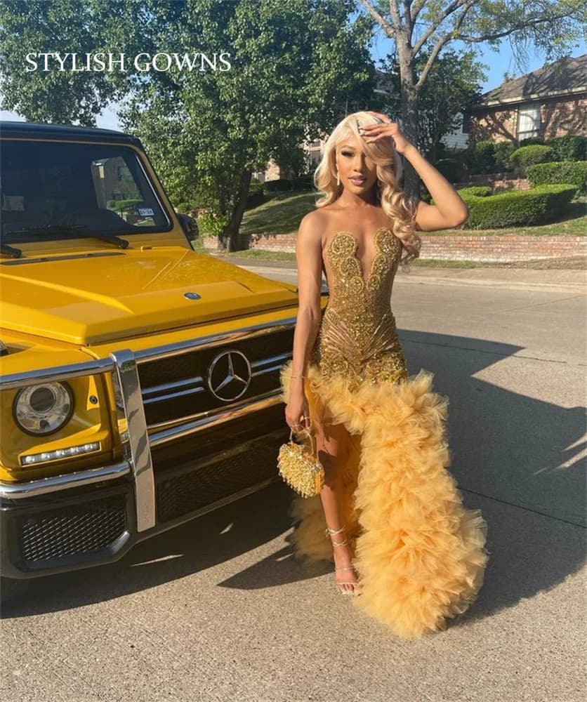 Luxury Gold Long Prom Dresses Black Girls 2024 Rhinestone Bead Ruffles Birthday Pageant Party Gowns High Slit Customized