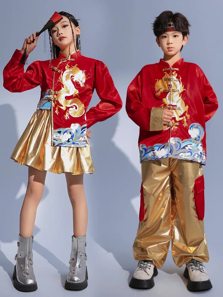 Kid Chinese Hip Hop Clothing Red Dragon Frog Button Shirt Gold Casual Pants Pleat Mini Skirt for Girl Boy Dance Costume Clothes