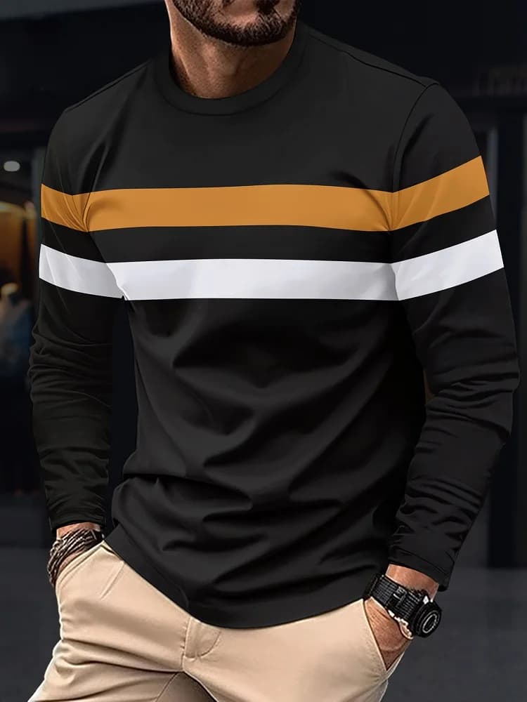 New striped men's long sleeved T-shirt with autumn round neck simple pure cotton fashion slim fit comfortable and oversized tops