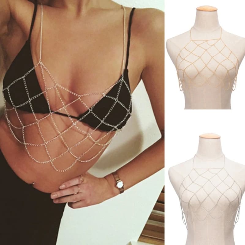 New Sexy Bra Body Chain Gold Silver Breast Chain Mesh Metal Chain Accessories