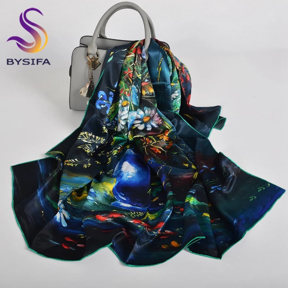 BYSIFA|New Blue Green 100% Silk Shawl Scarf Women Fashion Floral Design Scarves Hijabs Brand Accessories Scarf Wrap Cape 110*110