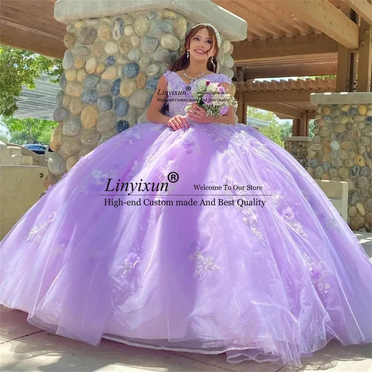 Lavender Ball Gown Quinceanera Dress 3D Flowers Applique  Sweet 16 Dress V Neck Customized Corset Mexico Vestidos De XV 15 Años