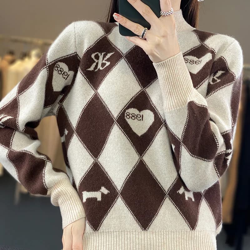 BELIARST 100% Merino Wool Jacquard Half High Neck Sweater Loose Knit Pullover Diamond Women's Clothing Autumn Winter 2023