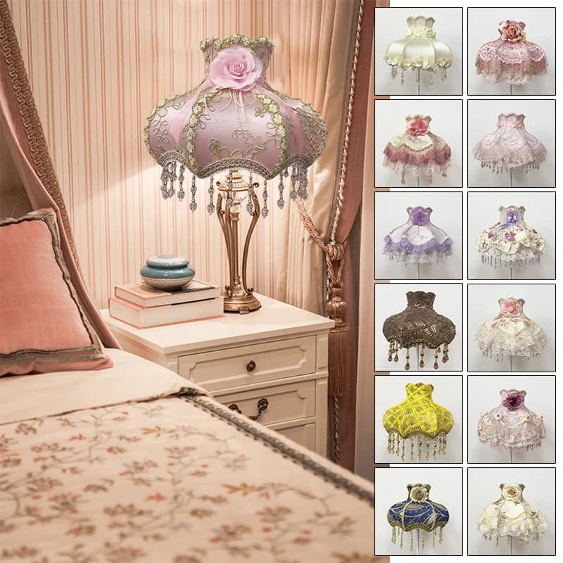 European Style Lampshade Luxury Retro Beaded Lace Flower Bedroom Bedside Lamp Floor Lamp Wall Lamp Dust Cover Home Decoration