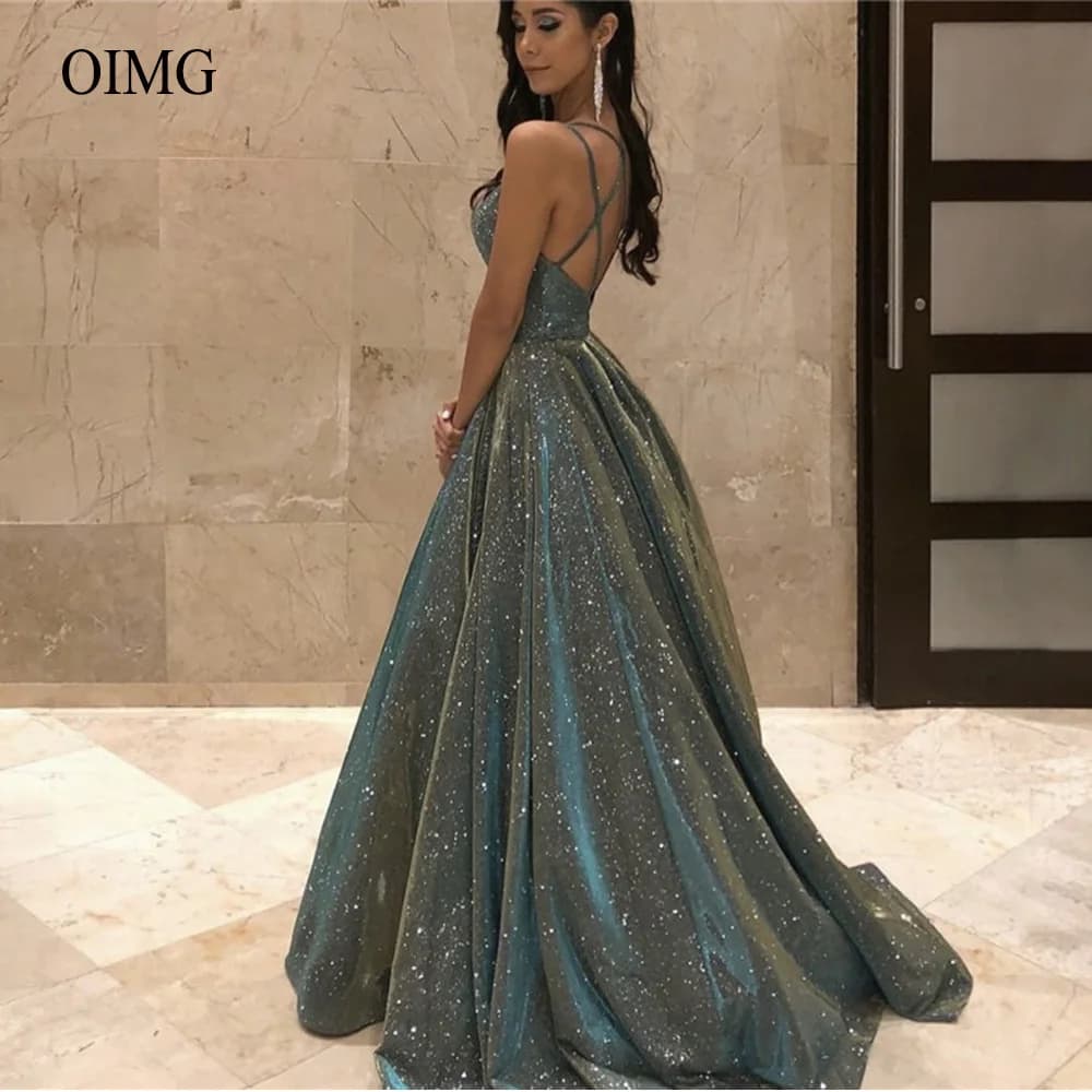 OIMG 2023 Shiny Army Green Long A Line Prom Dresses Spaghetti Straps Evening Gowns Glitter Special Occasion Dress Customized