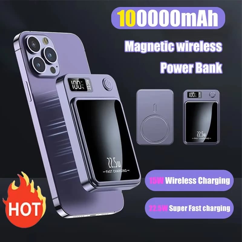 100000mAh Wireless Magnetic Power Bank Super Fast Charging Ultra Capacity Digital External Battery Power Bank For Iphone