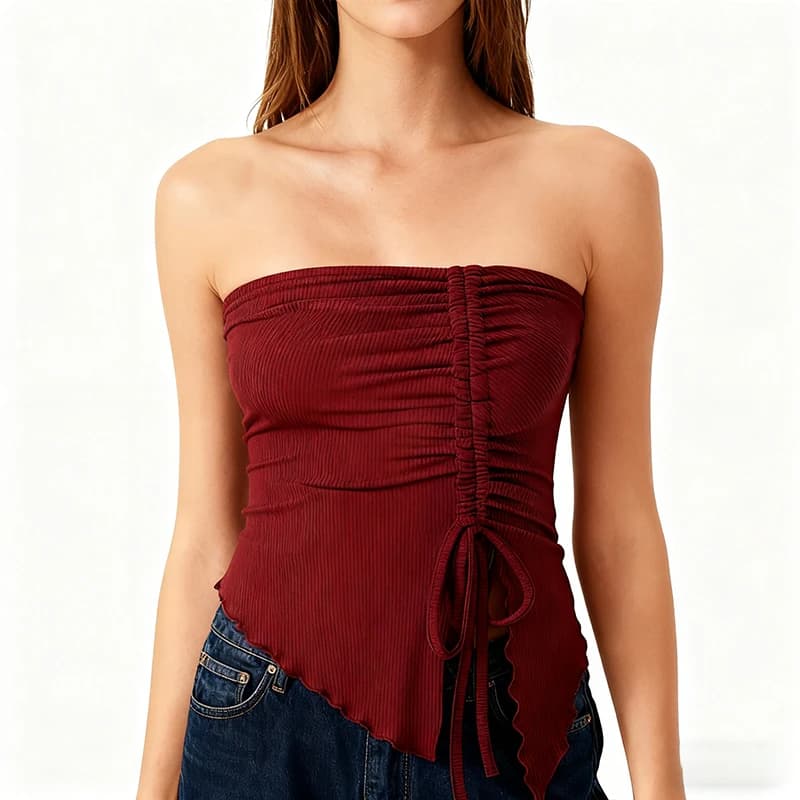 Spring Summer Y2K Women's Strapless Sleeveless Tube Top Mesh Ruched Side Asymmetrical Lace up Bandeau Cami Tank Tops Streetwear