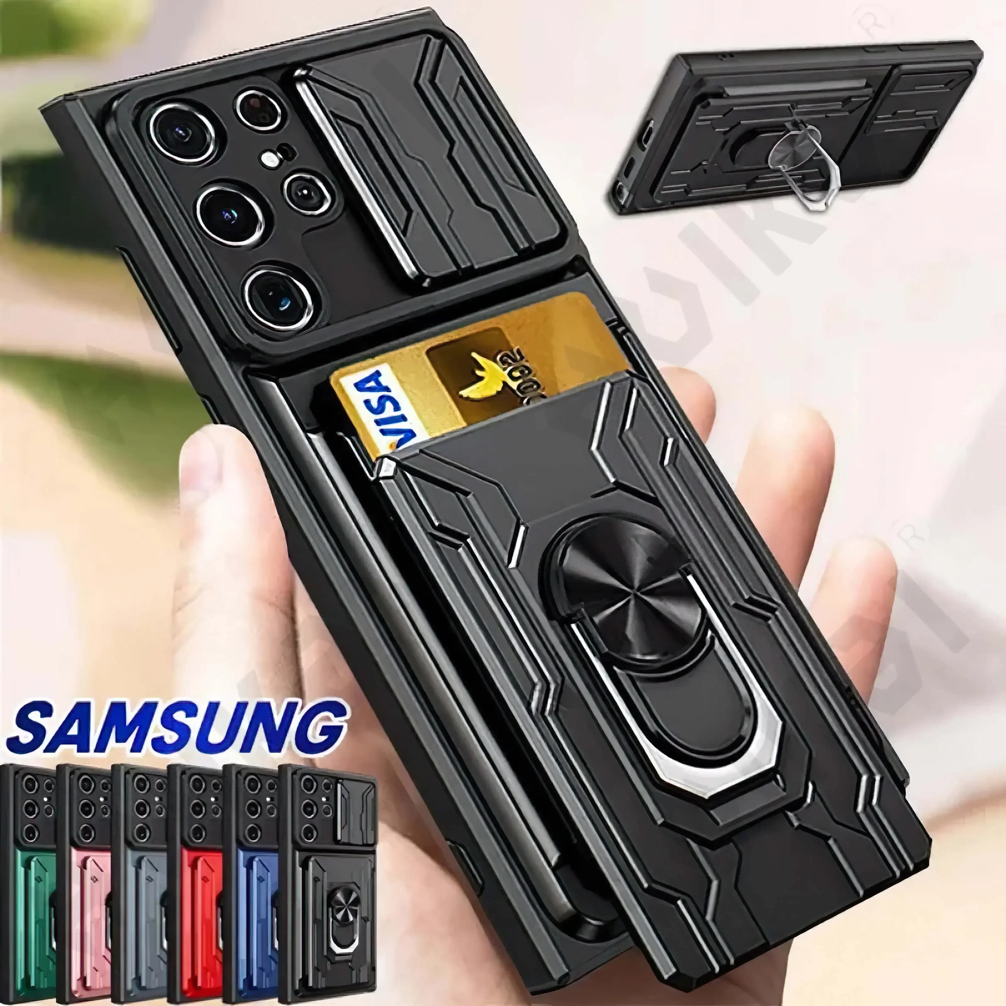 Case For Samsung Galaxy S25 S24 S23 S22 S21 Ultra Plus S20 FE A55 A35 A56 A36 4G 5G  Slide Camera Card Holder 360° Ring Cover