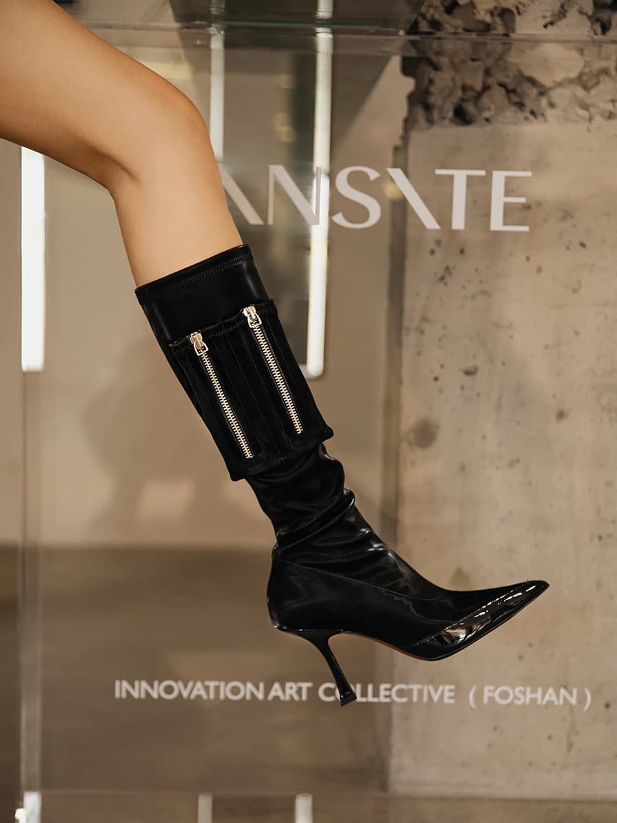 Pointed Toe Elastic Punk Boots Splicing Patent Leather Side Pocket Detail Hot Girl Stiletto Heels Knee High Boots Casual Shoes