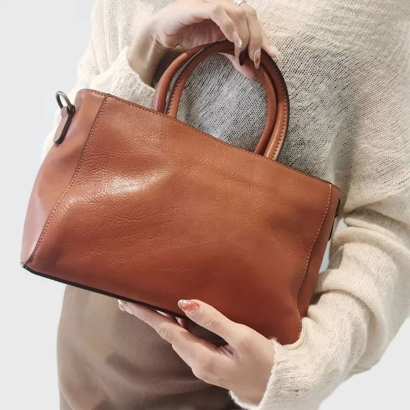 Top-Handle Bags Women Natural Cowhide Handbags Vegetable-Tanned Leather Lady Shoulder Crossbody Bag Commuter Work Tote Hand Bag
