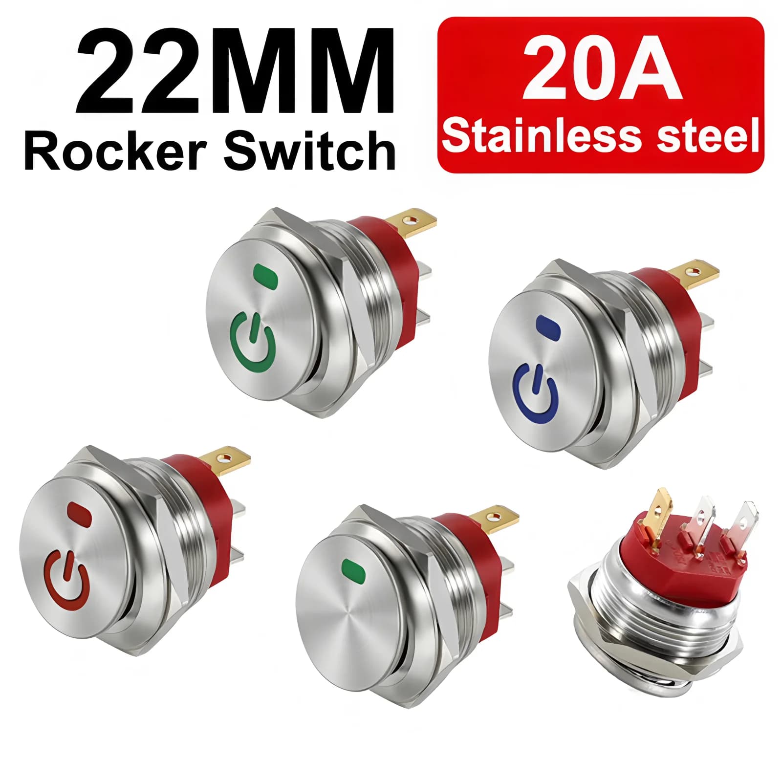 22mm Metal Button Rocker Switch Stainless Steel 12V 20A Self-locking Two Positions Car Toggle Switches ON-OFF 220V 15A 3 Pins
