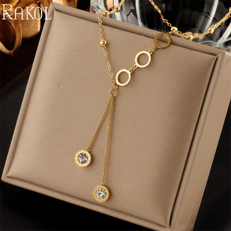 RAKOL Stainless Steel Roman Numerals Necklace for Women Gold-Color Fashion Zircon Long Pendant Necklaces Girls Jewelry
