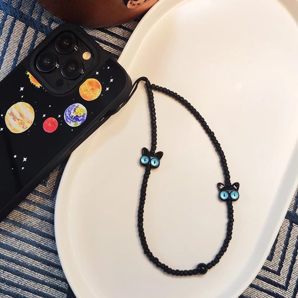 HERLOOK Phone Chain Cute Animal Black Cat Phone Charm Korea Mobile Strap Y2K Accesories for Women Cellphone Lanyard