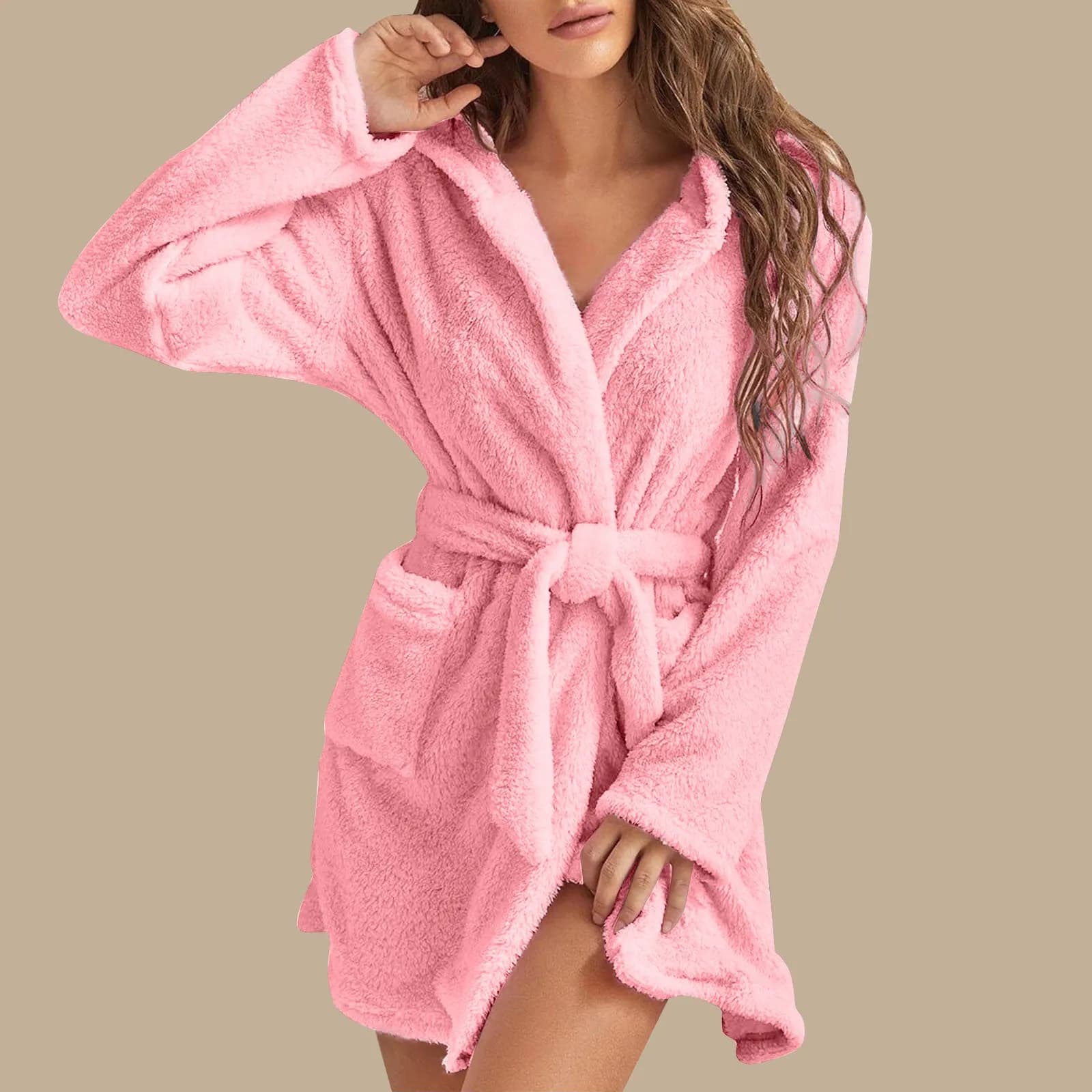 Flannel Bathrobe Autumn Winter Sexy Long Sleeve Hooded Pocket Lace Up Coral Fleece Nightgown Women Home Wear Pajamas Robes
