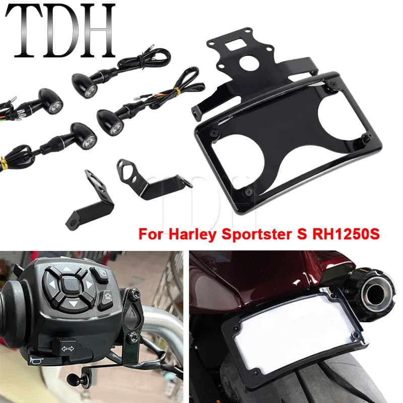 Motorcycle License Plate Holder W/ Turn Signal Indicator Lamp Front Turn Signals Bracket Kit for Harley Sportster S 1250 RH1250S