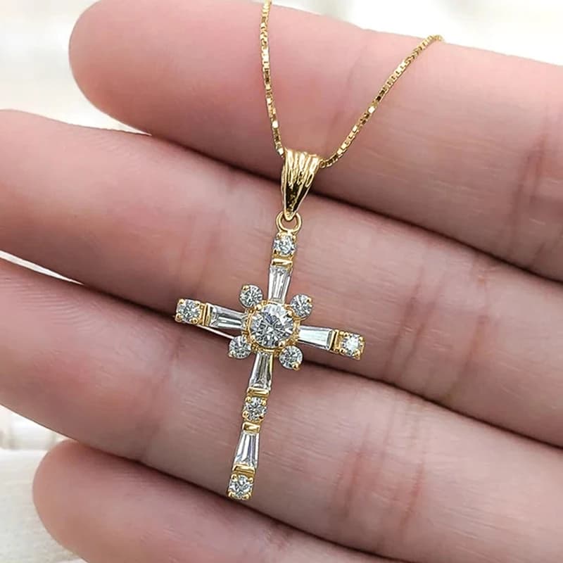Huitan Fashionable Cross Pendant Necklace for Women Brilliant Cubic Zirconia Luxury Wedding Accessories Exquisite Girls Jewelry