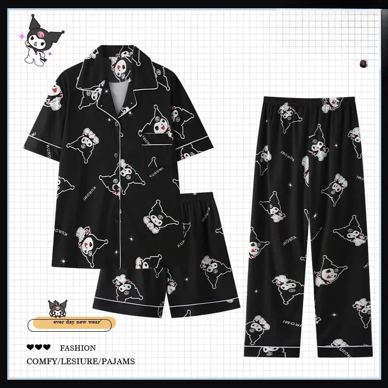 Sanrio Kulomi Silk Pajamas Women's Summer Cotton Short Sleeve Casual Three-piece Set Women's Pajamas Homewear Pajamas Pants Set