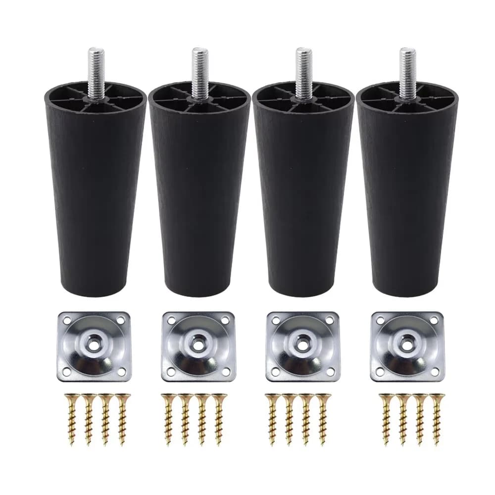 4Pcs Round Tapered Black Plastic Furniture Legs Feet with Mounting Plates M8*25 Thread Shank for Sofa and Chair  4 to12cm height