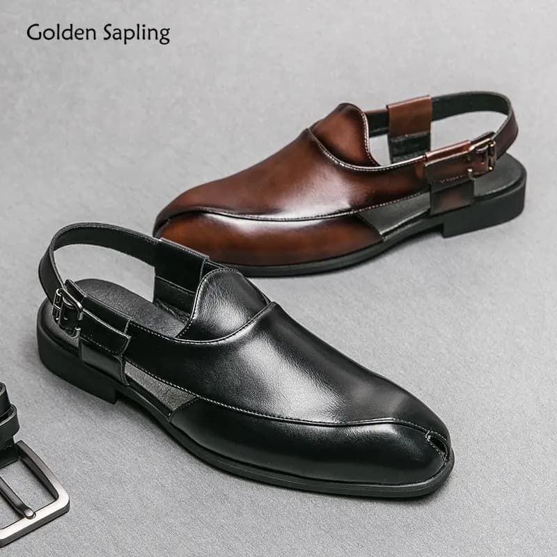 Golden Sapling Dress Party Sandals Fashion Leather Summer Shoes Men Leisure Formal Flats Business Footwear Men's Wedding Sandals