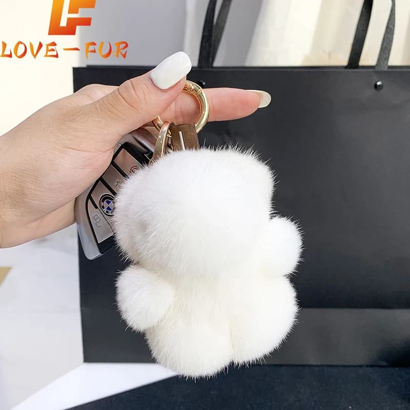 Women Bag Charm Trinkets Car Metal Key Rings Rear View Mirror Ornaments Cute Real Mink Fur Keychain Plush Panda Pendant Kids Toy