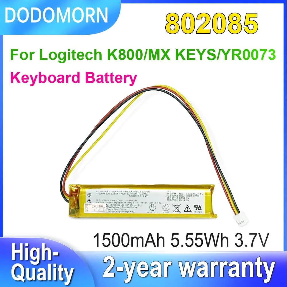 DODOMORN For Logitech K800,MX KEYS,YR0073 Series 802085 802085P 533-000221 533-000177 533-000141 Keyboard Battery 3.7V 5.55Wh