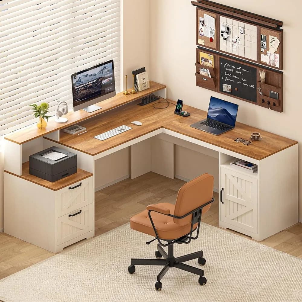 63" Farmhouse L Shaped Executive Desk with Drawers & Storage Shelf, Corner Computer Desk with Power Outlets, L Shaped Office Des