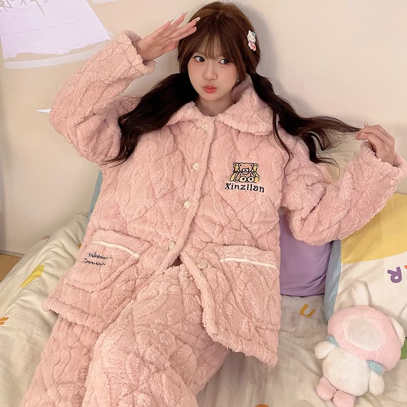 Korean Fashion Winter Coral Fleece Nightwear Women's Flannel Cardigan Lapel Pajamas Set Youth Girl Female Thickened Sleepwear