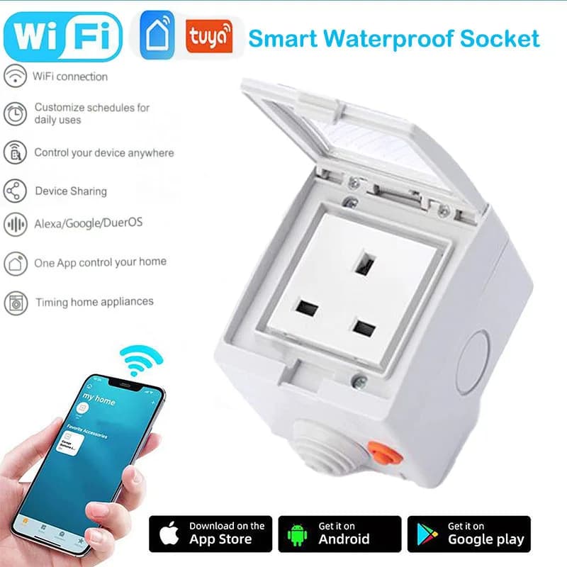 Tuya 16A Fr ,EU,UK,US  WiFi Smart Socket IP55 Bathroom Wall Waterproof Power Supply Jack With Smart Life App Remote Control