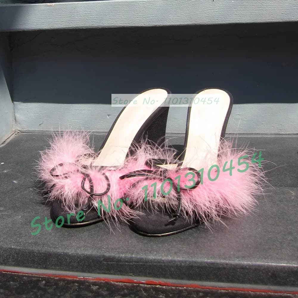 Lovely Feather Wedge Slippers With Bow Women Elegant Multicolor Summer Stylish Shoes Sweet Girl's Casual Open Toe Pink Fur Mules