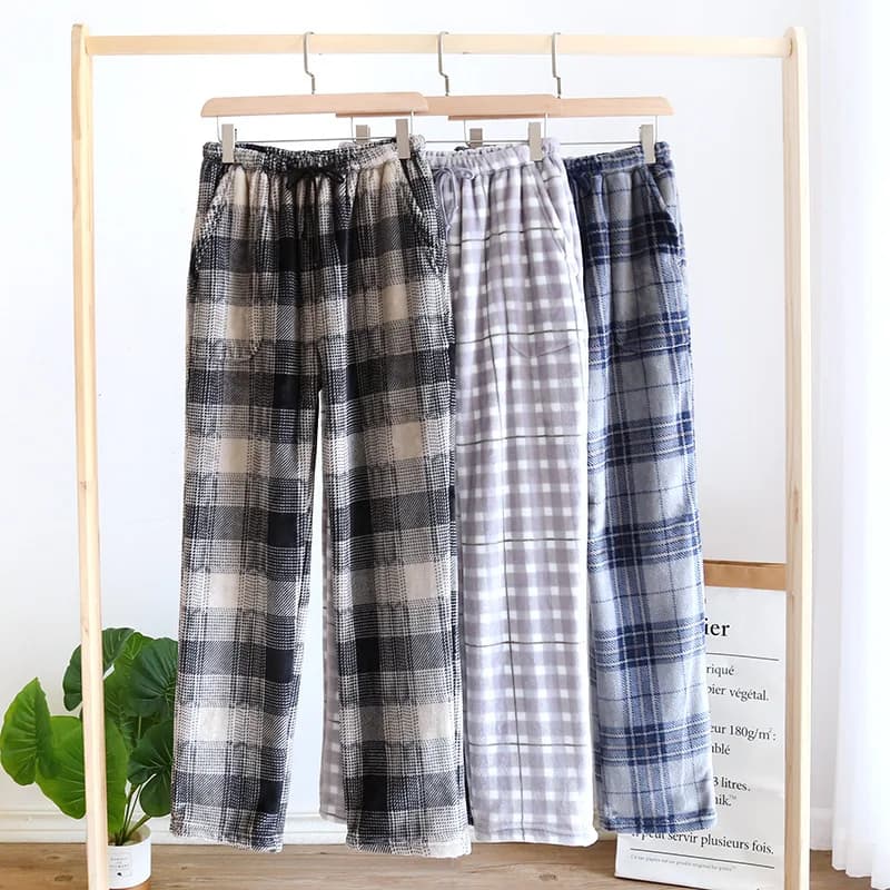Trousers Autumn/winter flannel pajama pants plaid with fleece thickened warm coral fleece home pants Warm  Men's sleepTrousers