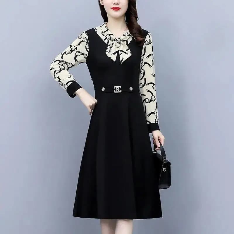 Fashion Patchwork Print Bow Ladies Dresses Spring Autumn Long Sleeve Plus Size Loose Midi Dress Vintage Elegant Women Clothing