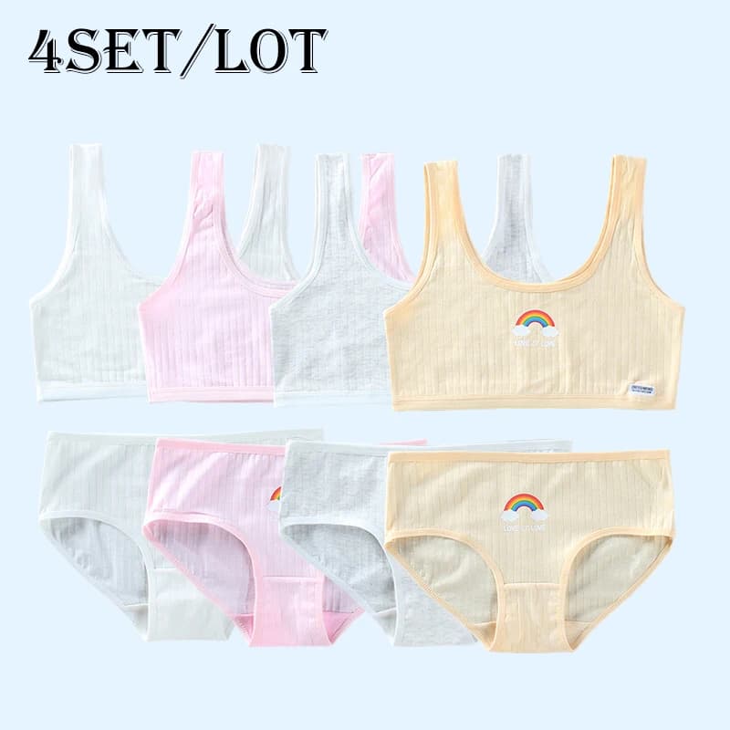 4Set/Lot Girls Training Bras Panties Kids Cotton Underwear Sets Teens Students Bra Vest Panties Wireless Girls Sports Bra 8-16Y