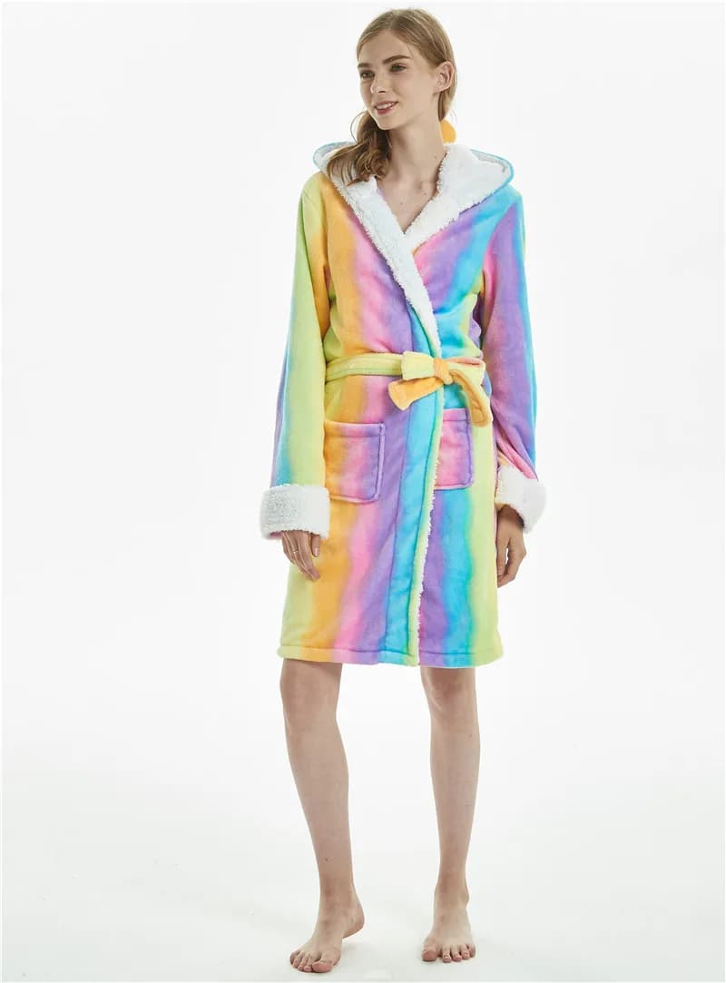 Flannel Bathrobe Starry Sky Rainbow Unicorn Sleepwear Pajamas For Adult Women Loungewear Halloween Costumes Oversized Nightgown