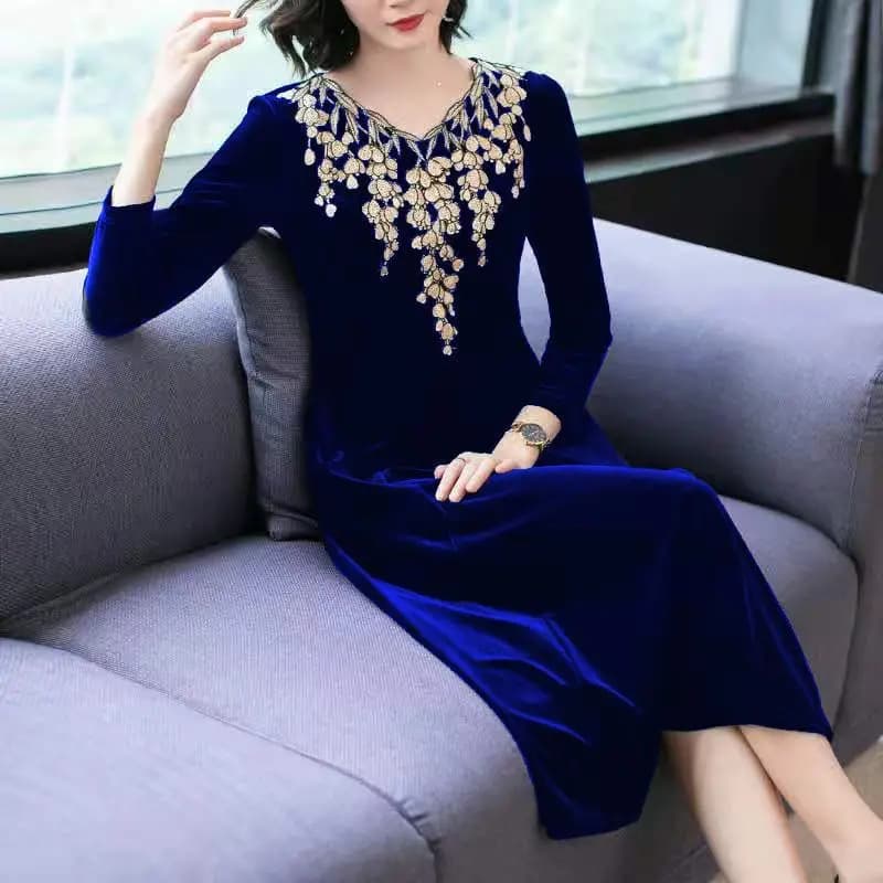 Elegant V-Neck Spliced All-match Embroidery Ladies Dresses Women's Clothing 2023 Autumn Winter Loose Office Lady Long Dress