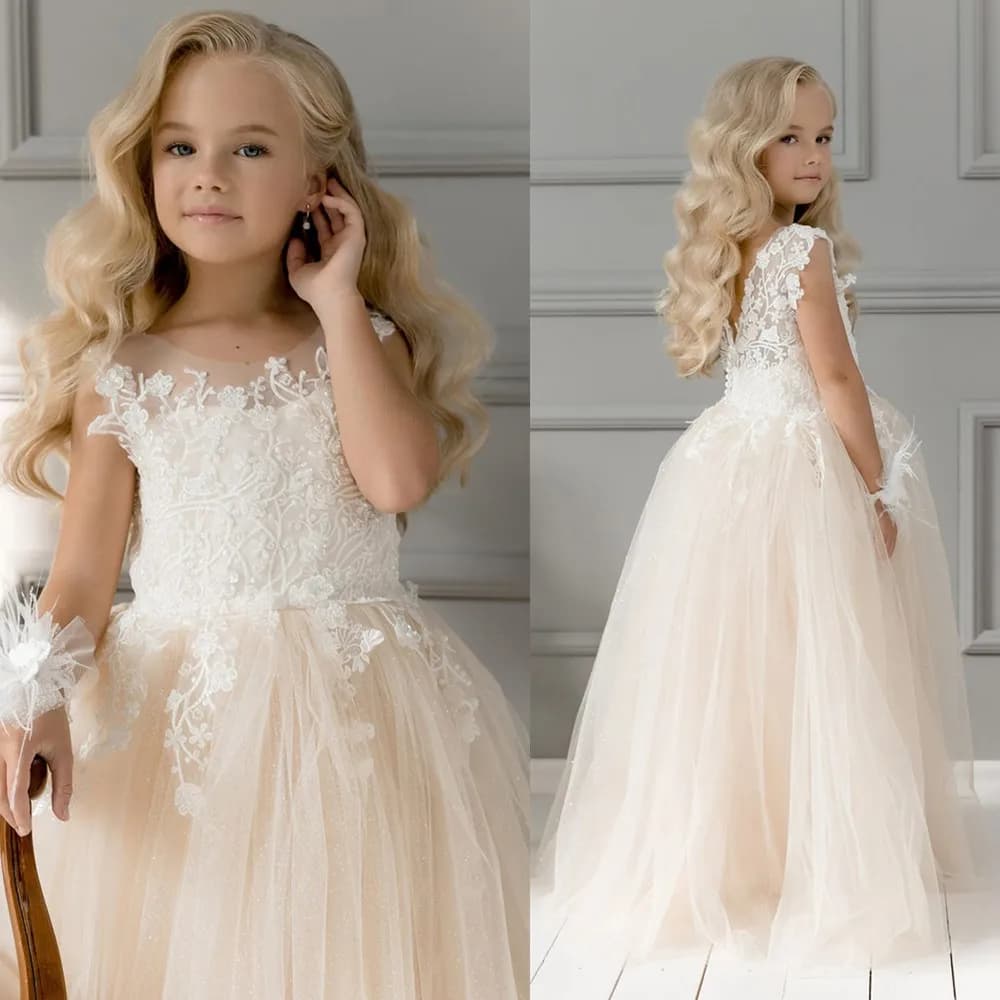 BABYONLINE Lace Tulle Flower Girls Dresses 2024 Princess for Kid Child Wedding Party Light Champagne Maxi Ball Gown Evening