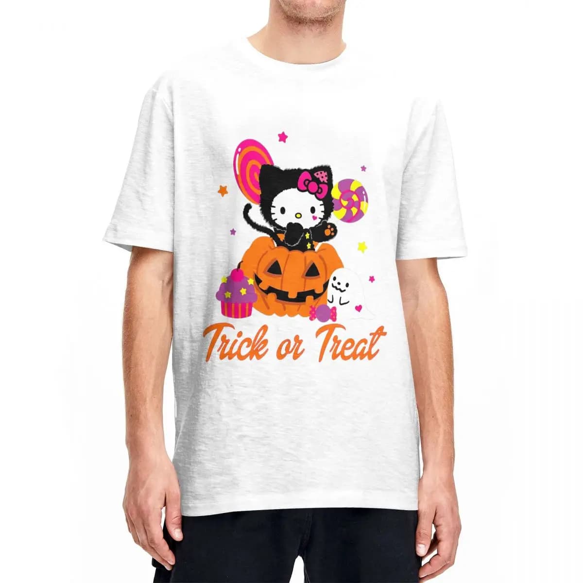 Oversized T-Shirt Hello Kitty Cartoon Cat Cotton T-Shirts Halloween Pumpkin Bat Tee Shirt for Couple Short Sleeve Clothing