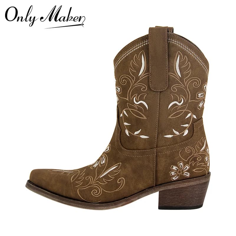 Onlymaker Women Mid-Calf Embroidery Western Boot Heel Pull-On Western Booties