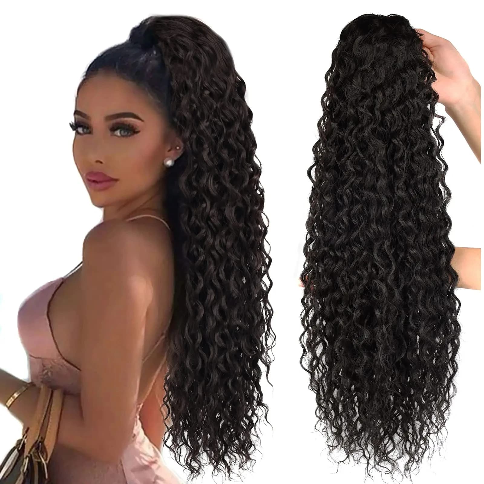 Curly Drawstring Ponytail Clip In Hair Extensions Brazilian Human Hair Ponytail Wig Water Wave   Hairpiece False Deep Wave 1 Pc