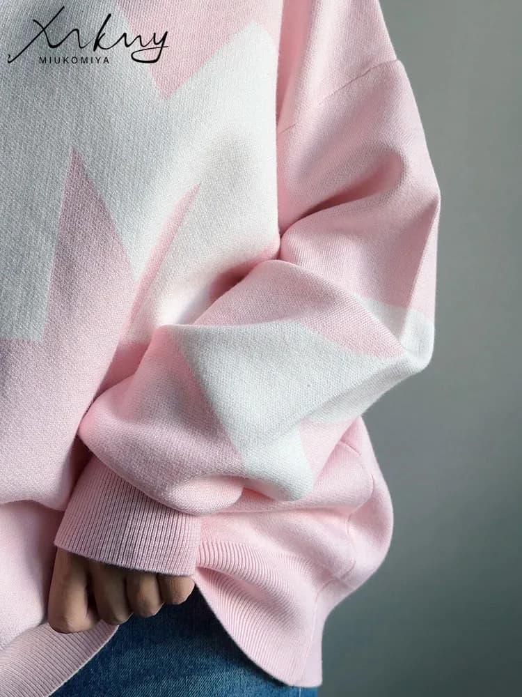 Navy Blue Oversize Letter Sweater Women Crewneck Casual Knitted Loose Pullovers With Letter Green Sweater For Women Winter 2024