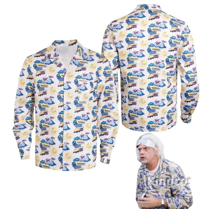 Movie Back To Future Doc Brown Cosplay Fantasia Costume Casual T-shirt Adult Men Male Disguise Halloween Carnival Party Cloth